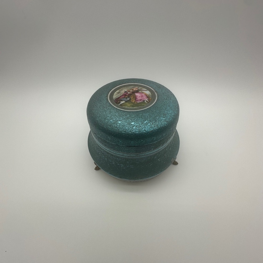 Vintage Teal Spun Aluminum‎ Musical Powder Box Fragonard Medallion Footed Vanity
